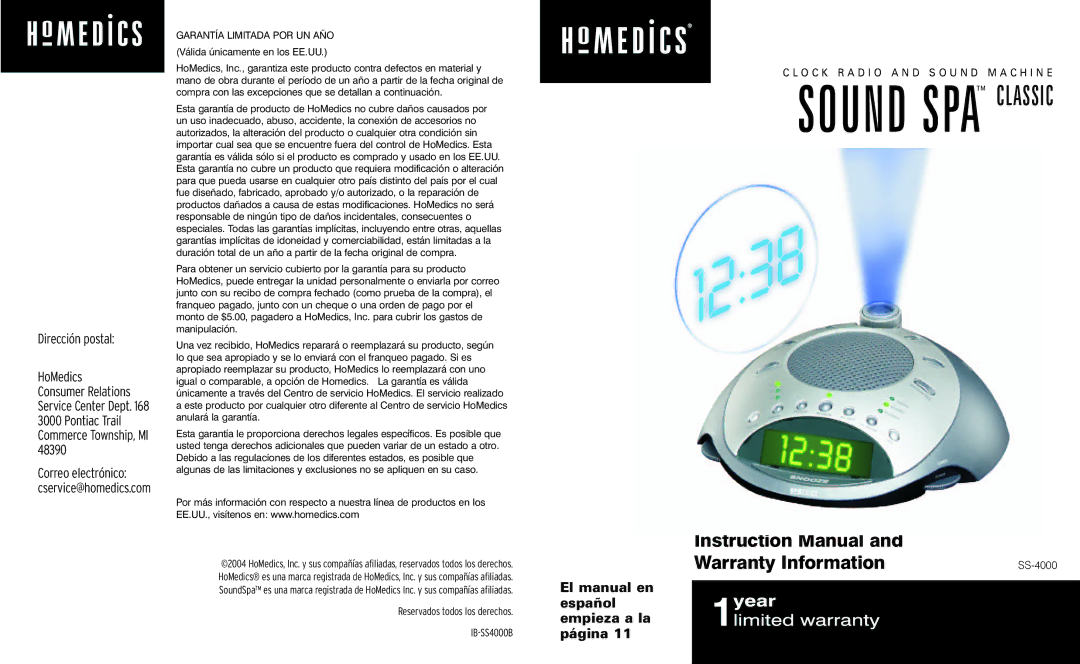 HoMedics IB-SS4000B, SS-4000 instruction manual Warranty Information, El manual en español empieza a la página 