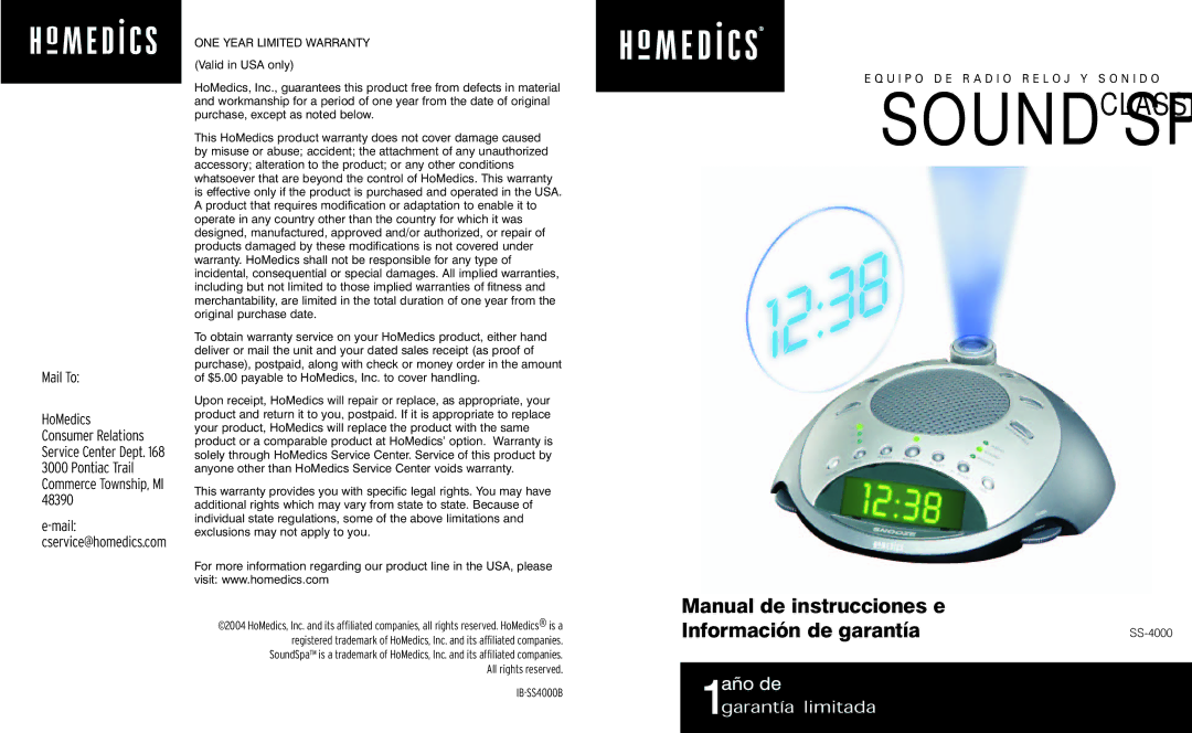 HoMedics SS-4000, IB-SS4000B instruction manual Manual de instrucciones e Información de garantía, Mail To 