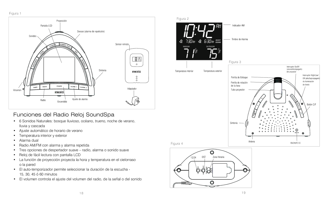 HoMedics SS-5010 instruction manual Funciones del Radio Reloj SoundSpa, Figura 