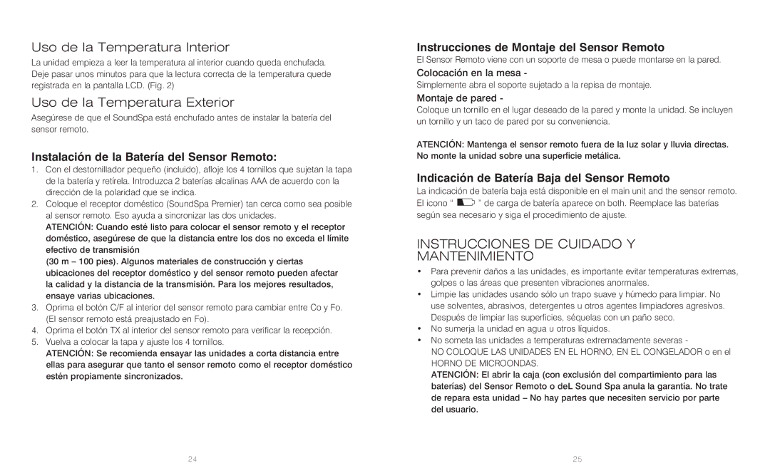 HoMedics SS-5010 Uso de la Temperatura Interior, Uso de la Temperatura Exterior, Instrucciones DE Cuidado Y Mantenimiento 