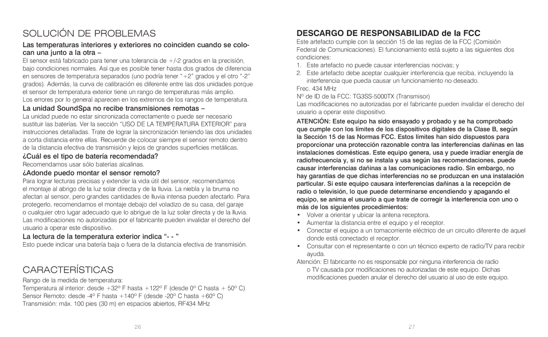 HoMedics SS-5010 instruction manual Solución DE Problemas, Características, Descargo DE Responsabilidad de la FCC 