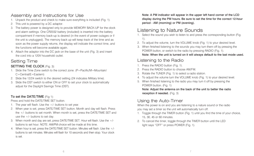 HoMedics SS-5010 Listening to Nature Sounds, Assembly and Instructions for Use, Setting Time, Listening to the Radio 