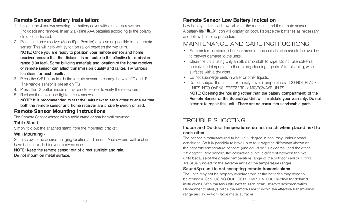 HoMedics SS-5010 instruction manual Maintenance and Care Instructions, Trouble Shooting, Remote Sensor Battery Installation 