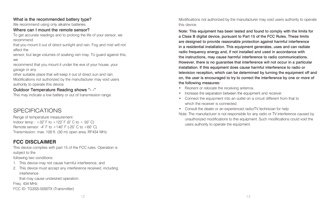 HoMedics SS-5010 Specifications, FCC Disclaimer, What is the recommended battery type?, Outdoor Temperature Reading shows 