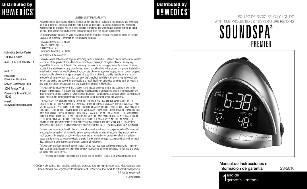 HoMedics SS-5010 instruction manual Manual de instrucciones e Información de garantía, Equipo DE Radio Reloj Y Sonido 