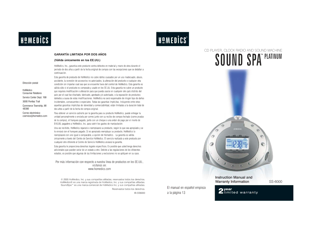 HoMedics SS-6000 instruction manual Sound SPA Platinum 