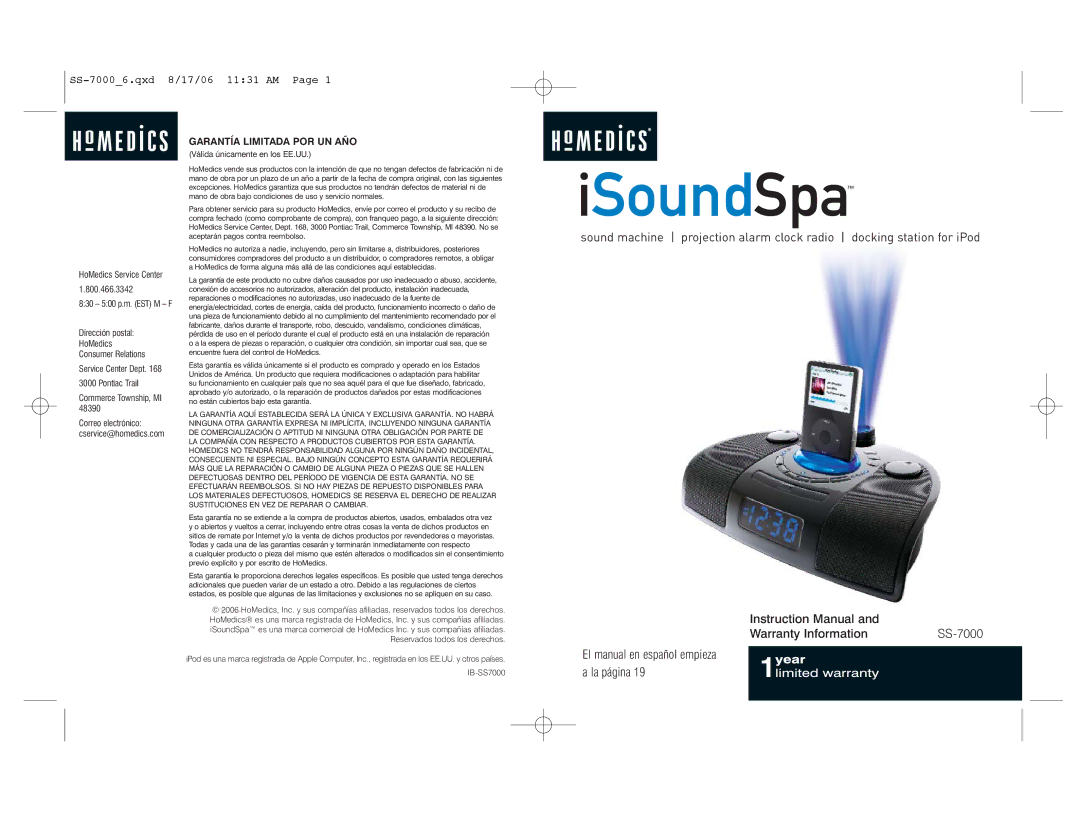 HoMedics SS-7000 instruction manual SoundSpa 