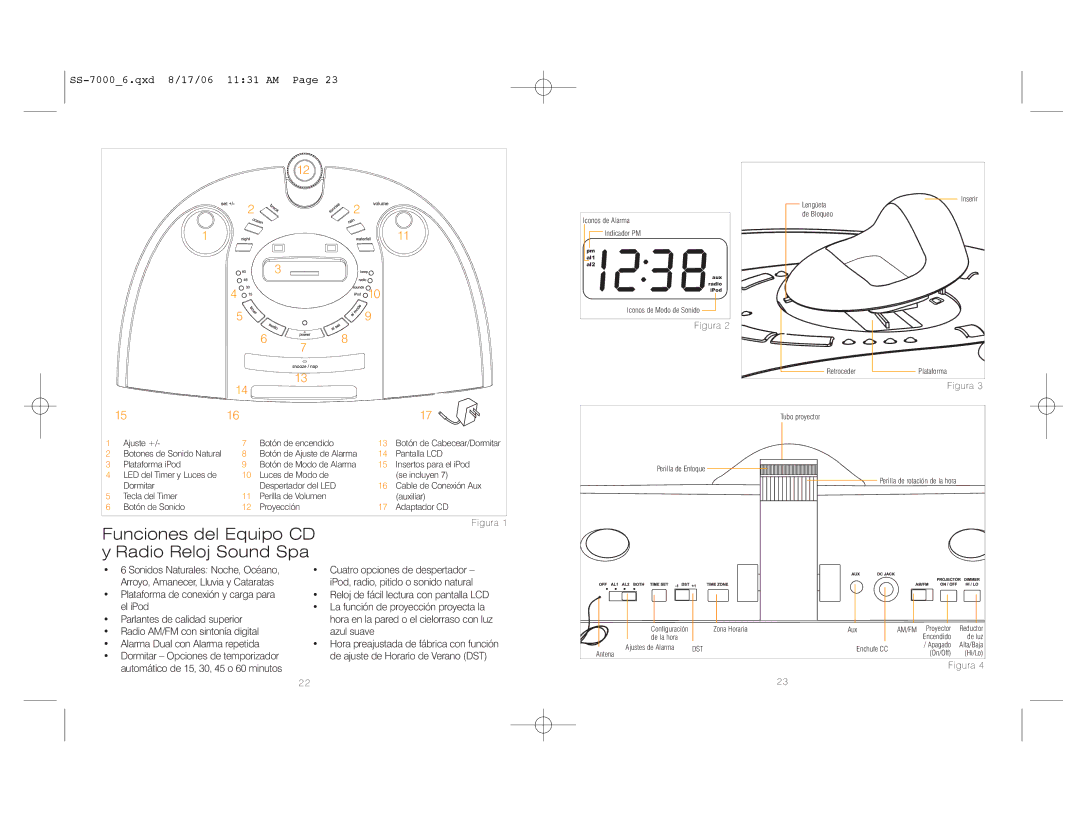 HoMedics SS-7000 instruction manual Funciones del Equipo CD y Radio Reloj Sound Spa, Figura 