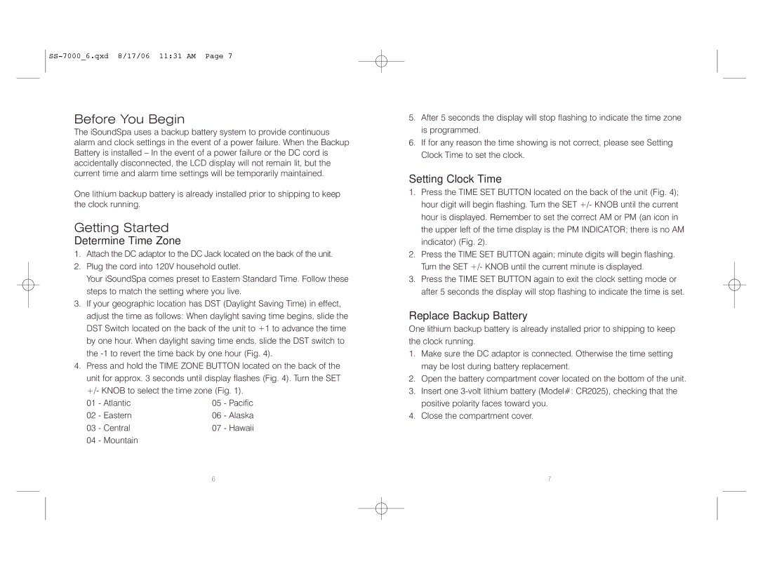 HoMedics SS-7000 Before You Begin, Getting Started, Determine Time Zone, Setting Clock Time, Replace Backup Battery 