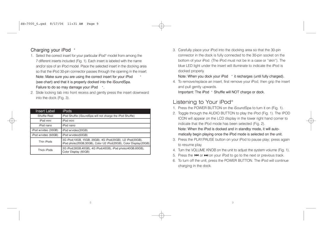 HoMedics SS-7000 instruction manual Listening to Your iPod, Charging your iPod 