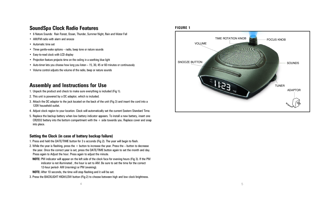 HoMedics SS4510 instruction manual SoundSpa Clock Radio Features, Assembly and Instructions for Use 