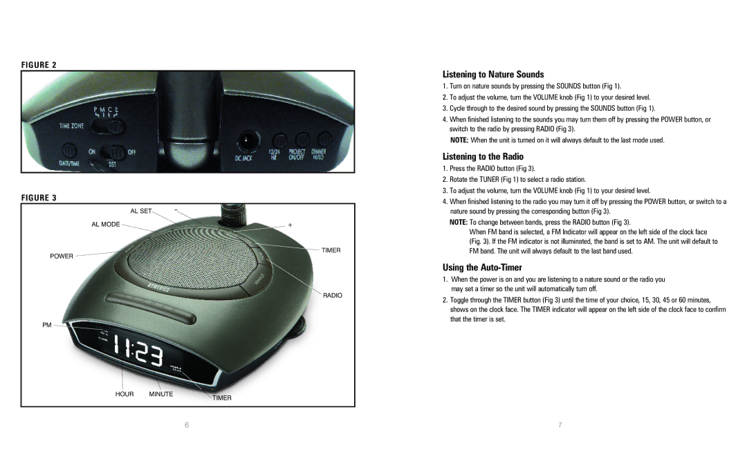 HoMedics SS4510 instruction manual Listening to Nature Sounds, Listening to the Radio, Using the Auto-Timer 