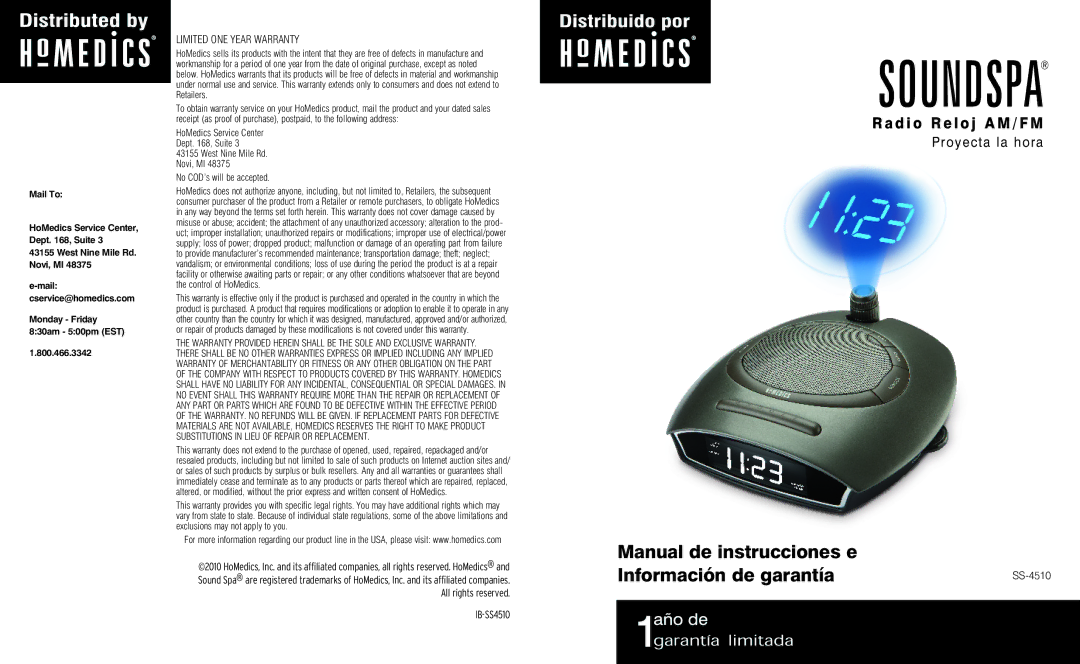 HoMedics SS4510 instruction manual Manual de instrucciones e Información de garantía, Limited ONE Year Warranty 