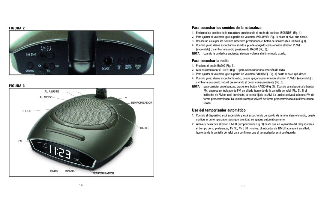 HoMedics SS4510 Para escuchar los sonidos de la naturaleza, Para escuchar la radio, Uso del temporizador automático 