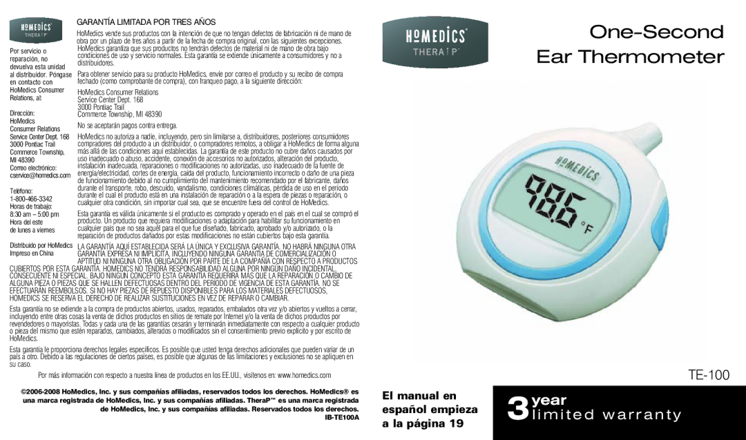 HoMedics TE-100 warranty One-Second Ear Thermometer 