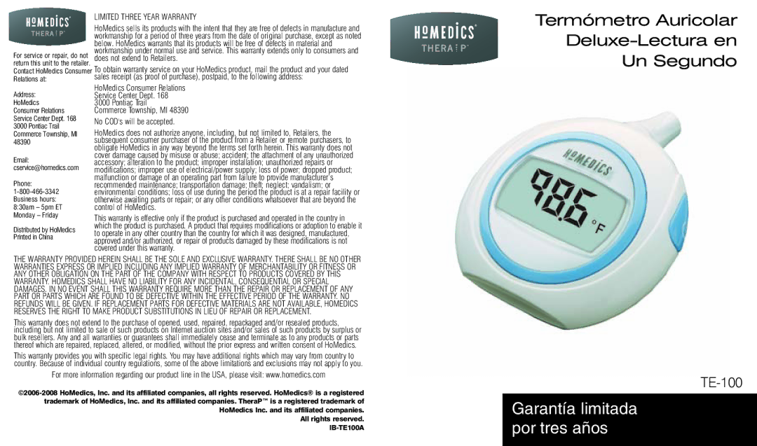 HoMedics TE-100 warranty Garantía limitada por tres años 