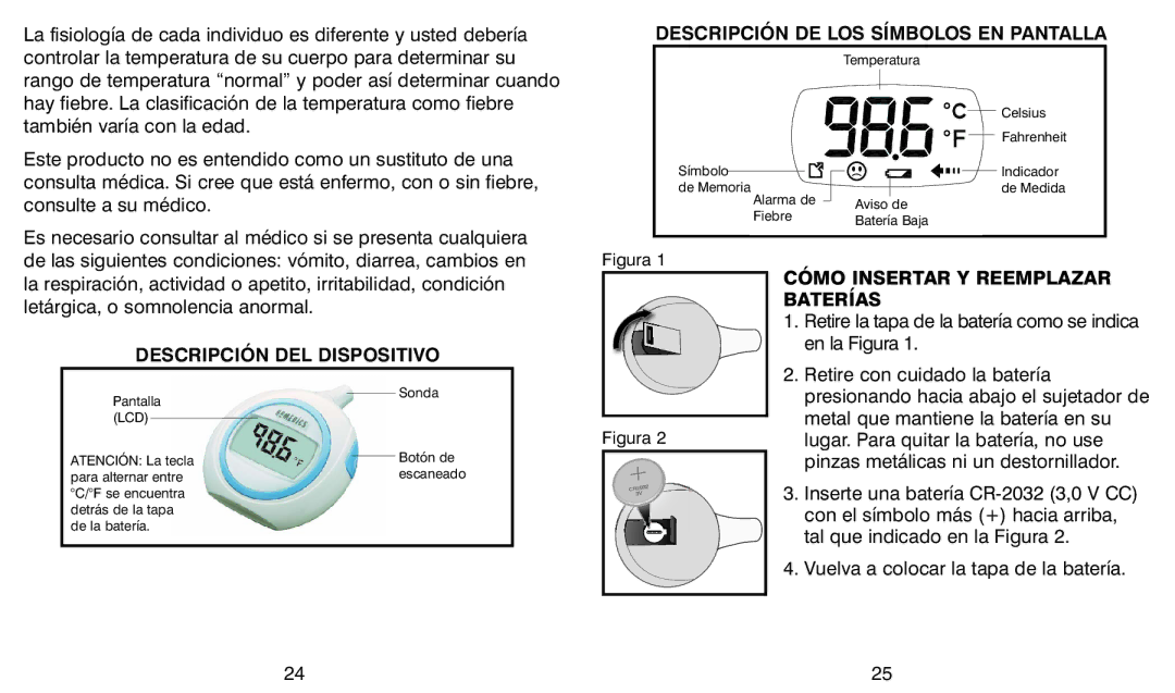 HoMedics TE-100 Descripción DEL Dispositivo, Descripción DE LOS Símbolos EN Pantalla, Cómo Insertar Y Reemplazar Baterías 