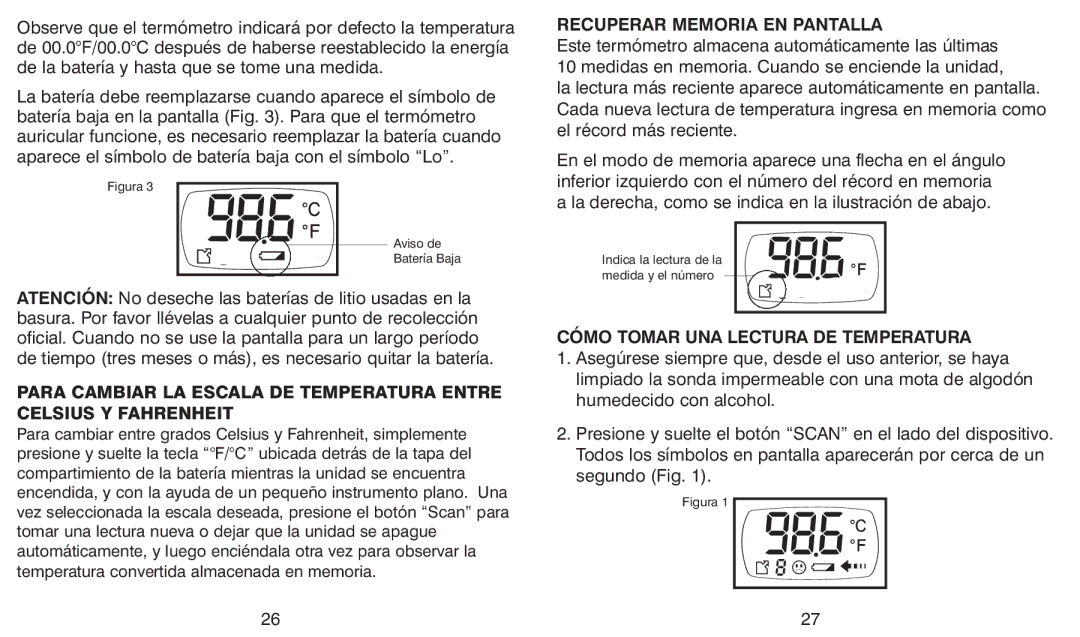 HoMedics TE-100 warranty Recuperar Memoria EN Pantalla, Cómo Tomar UNA Lectura DE Temperatura 