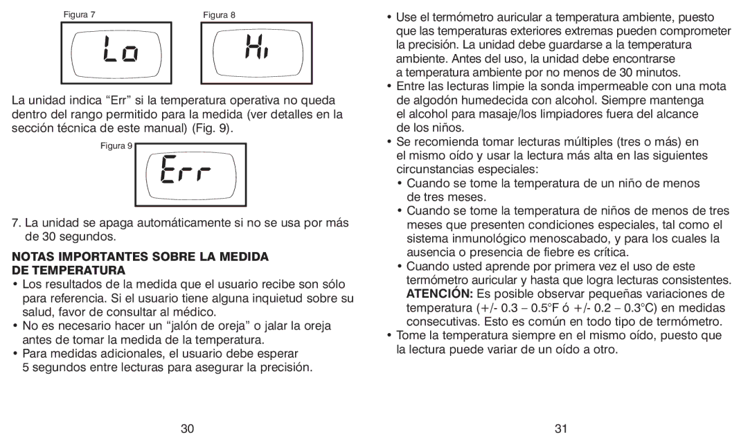 HoMedics TE-100 warranty Notas Importantes Sobre LA Medida DE Temperatura 