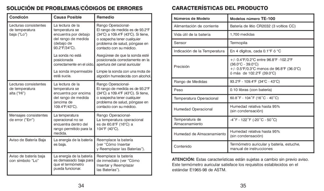 HoMedics TE-100 warranty Solución DE PROBLEMAS/CÓDIGOS DE Errores, Características DEL Producto 