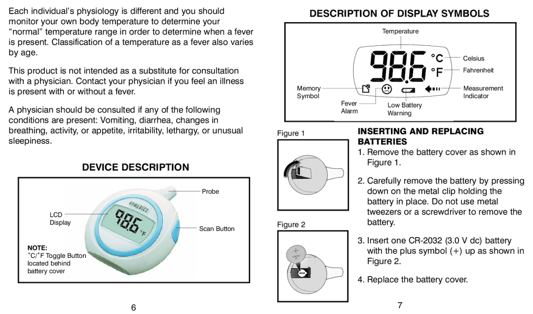 HoMedics TE-100 warranty Inserting and Replacing, Batteries 