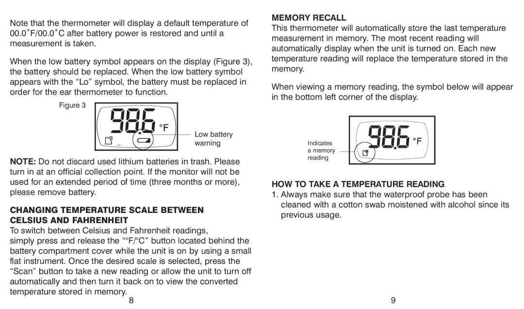 HoMedics TE-100 warranty Changing Temperature Scale Between Celsius and Fahrenheit, Memory Recall 