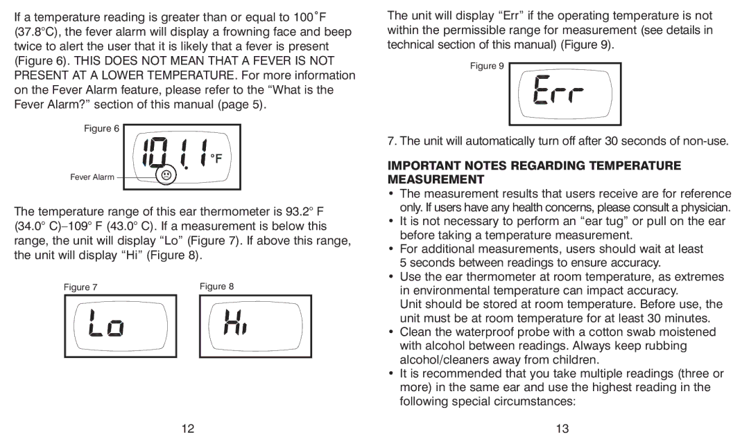 HoMedics TE-100 warranty Important Notes Regarding Temperature Measurement 