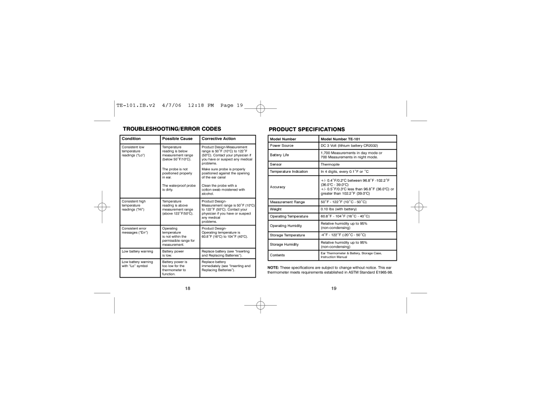 HoMedics TE-101 warranty TROUBLESHOOTING/ERROR Codes 