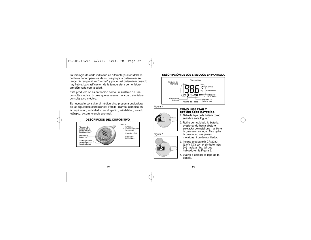 HoMedics TE-101 Descripción DEL Dispositivo, Descripción DE LOS Símbolos EN Pantalla, Cómo Insertar Y Reemplazar Baterías 