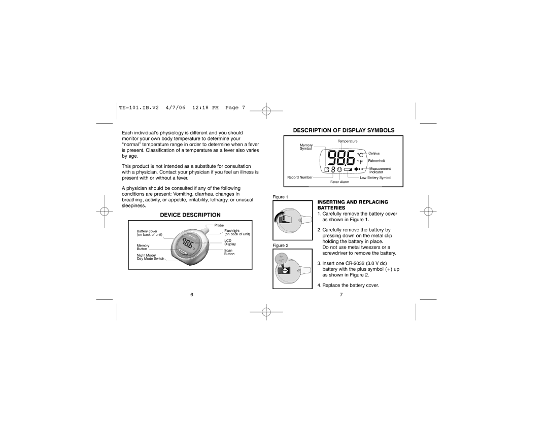 HoMedics warranty TE-101.IB.v2 4/7/06 1218 PM, Inserting and Replacing Batteries 