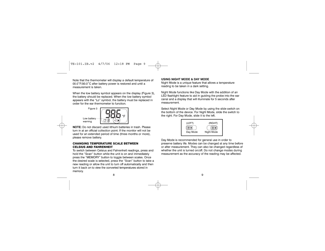 HoMedics TE-101 warranty Changing Temperature Scale Between Celsius and Fahrenheit, Using Night Mode & DAY Mode 