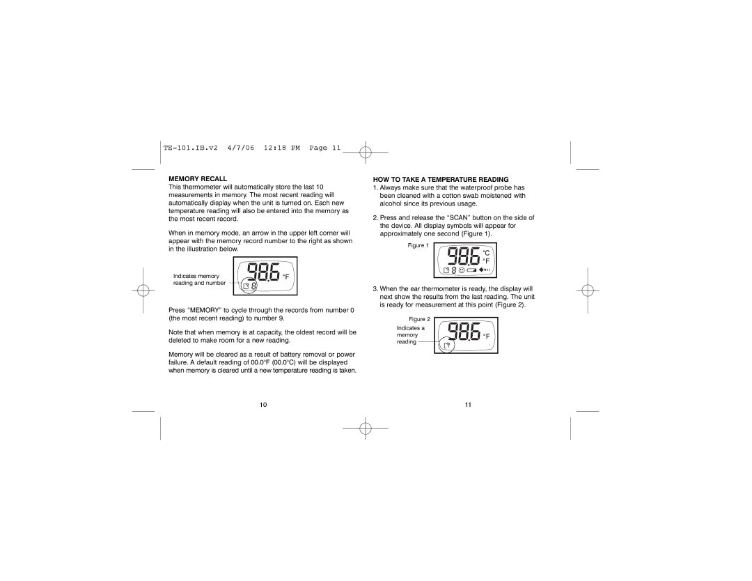 HoMedics TE-101 warranty Memory Recall, HOW to Take a Temperature Reading 