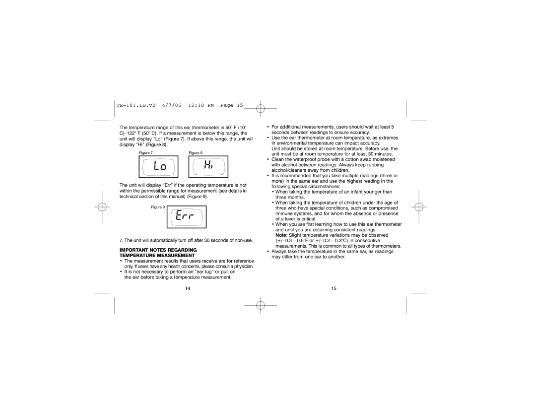 HoMedics TE-101 warranty Important Notes Regarding Temperature Measurement 