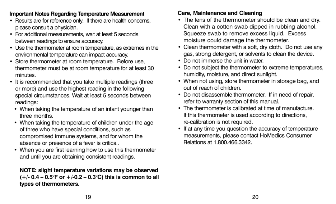 HoMedics TI-150 warranty Important Notes Regarding Temperature Measurement, Care, Maintenance and Cleaning 