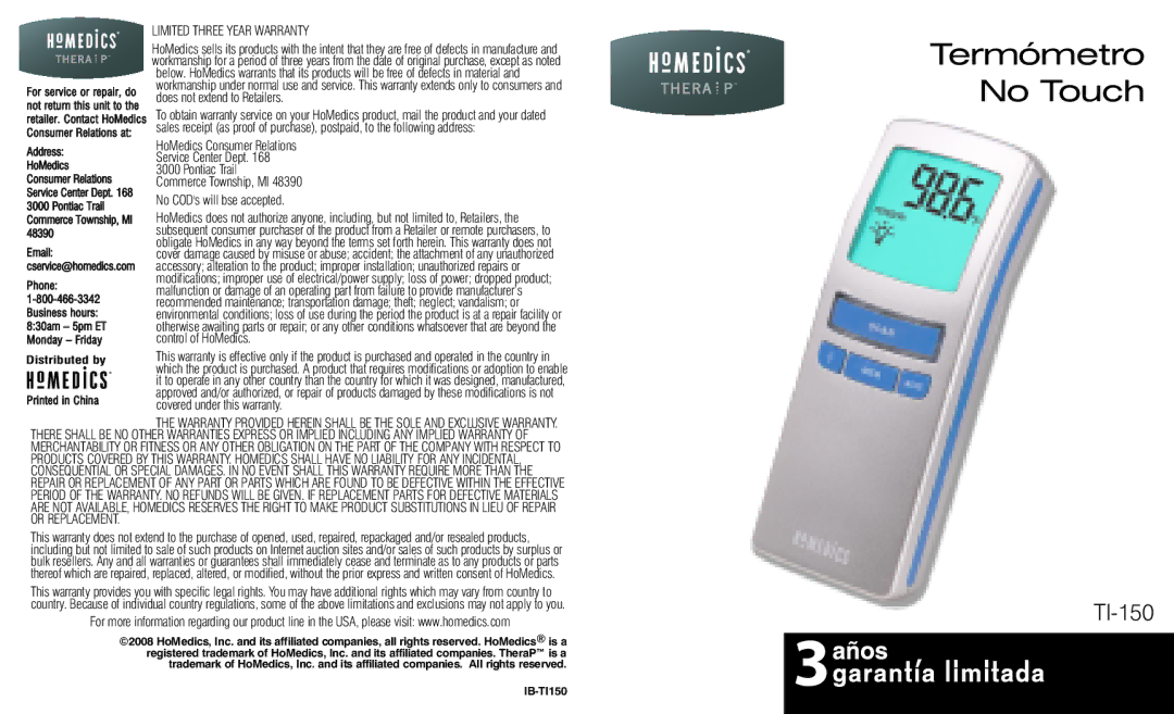 HoMedics TI-150 warranty Termómetro No Touch 