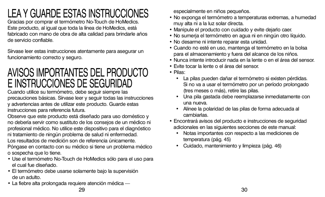 HoMedics TI-150 warranty LEA Y Guarde Estas Instrucciones, Evite tocar la lente o el área del sensor Pilas 