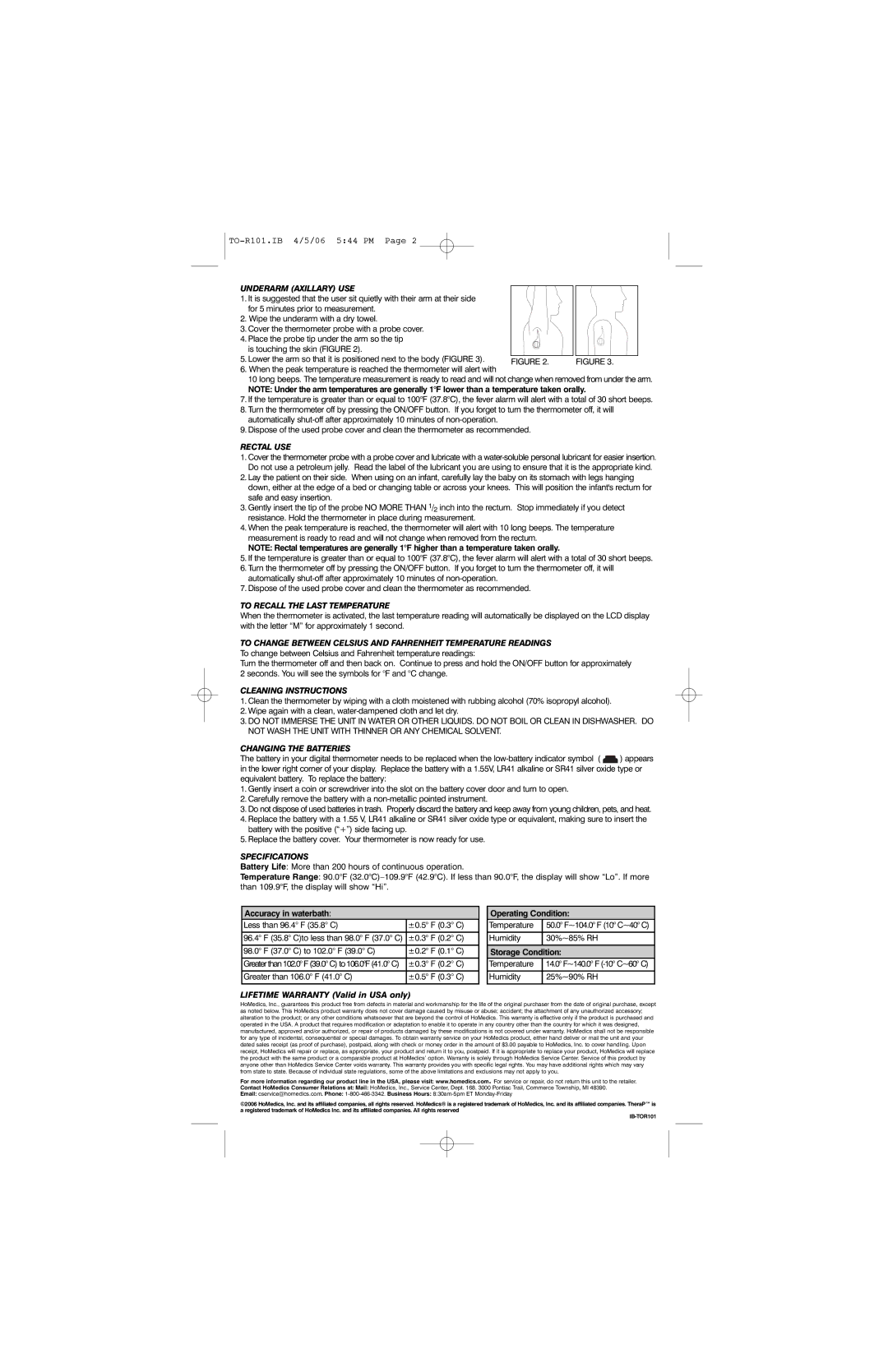 HoMedics TO-R101 Underarm Axillary USE, Rectal USE, To Recall the Last Temperature, Cleaning Instructions, Specifications 