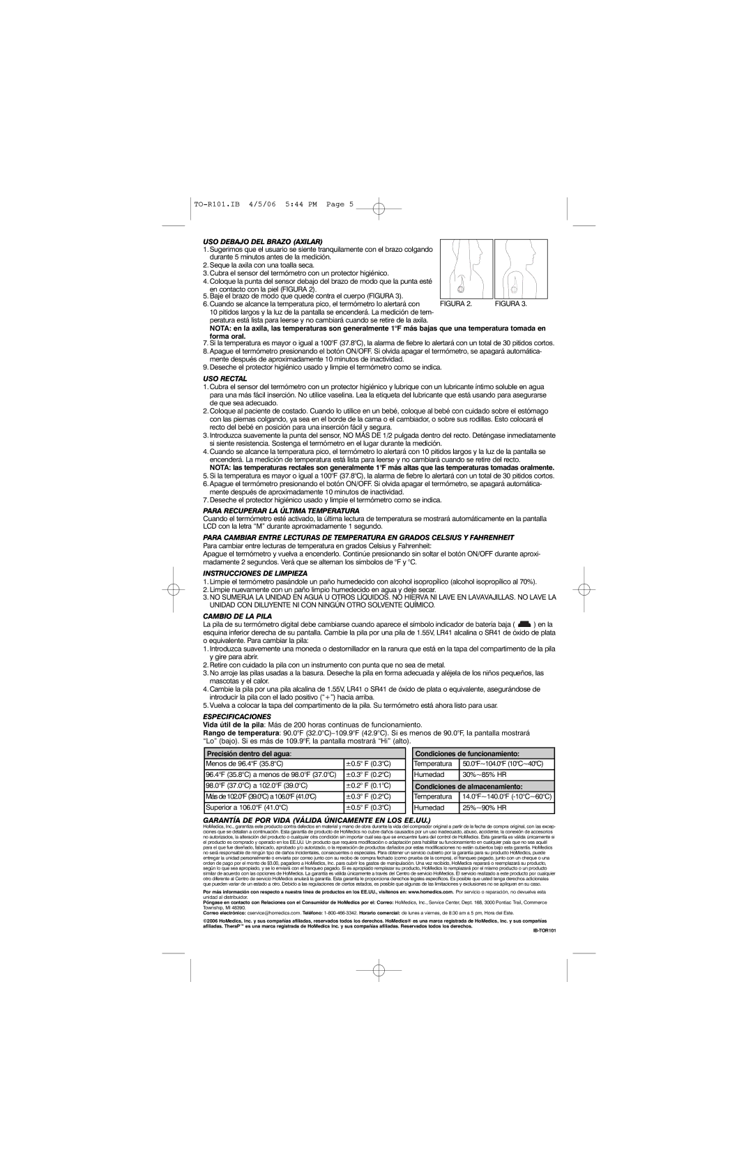 HoMedics TO-R101 USO Debajo DEL Brazo Axilar, USO Rectal, Para Recuperar LA Última Temperatura, Instrucciones DE Limpieza 