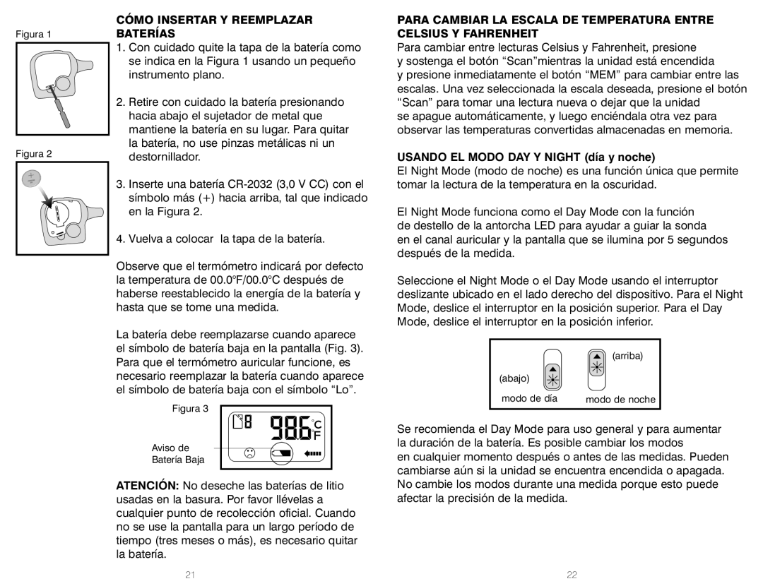 HoMedics TT-200, TT-201 warranty Cómo Insertar Y Reemplazar Baterías, Usando EL Modo DAY Y Night día y noche 