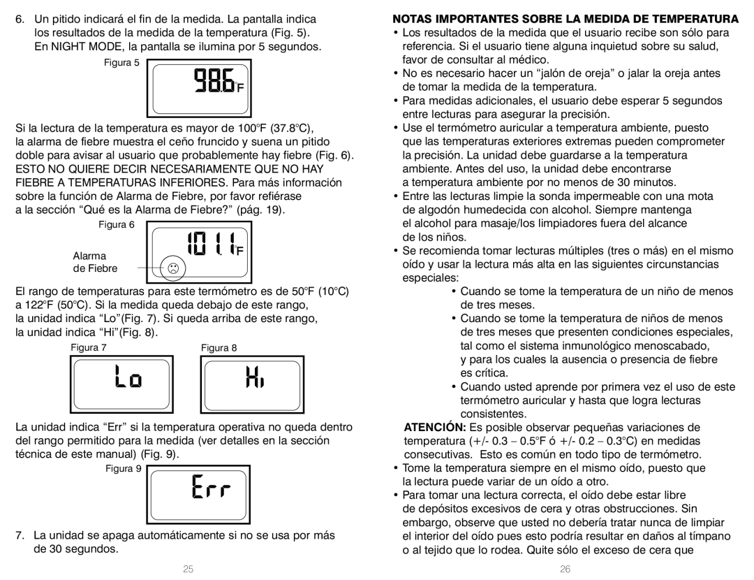 HoMedics TT-200, TT-201 warranty Notas Importantes Sobre LA Medida DE Temperatura, Figura Alarma de Fiebre 
