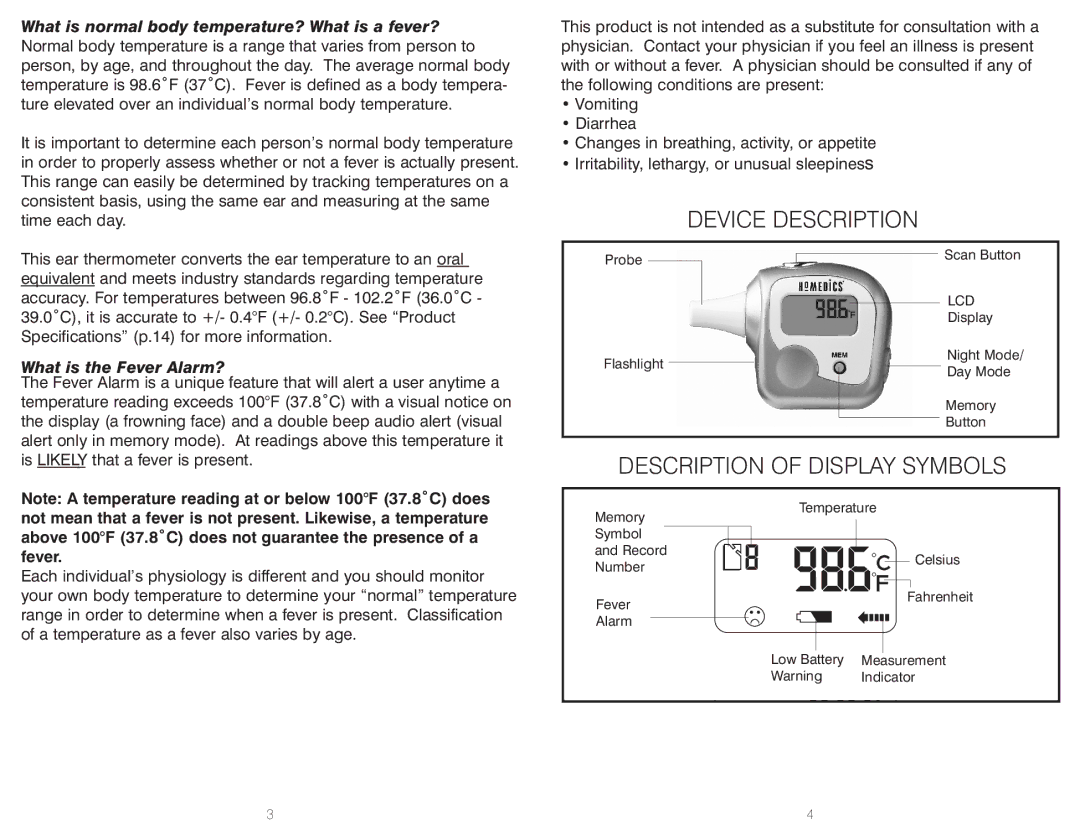 HoMedics TT-201, TT-200 warranty Device Description, What is the Fever Alarm? 