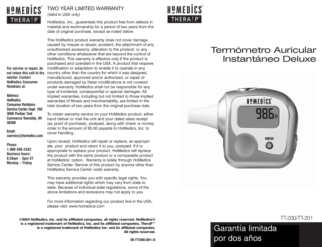 HoMedics TT-201, TT-200 warranty Garantía limitada 