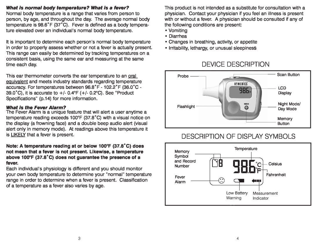 HoMedics TT-201, TT-200 warranty Device Description, Description Of Display Symbols, What is the Fever Alarm? 