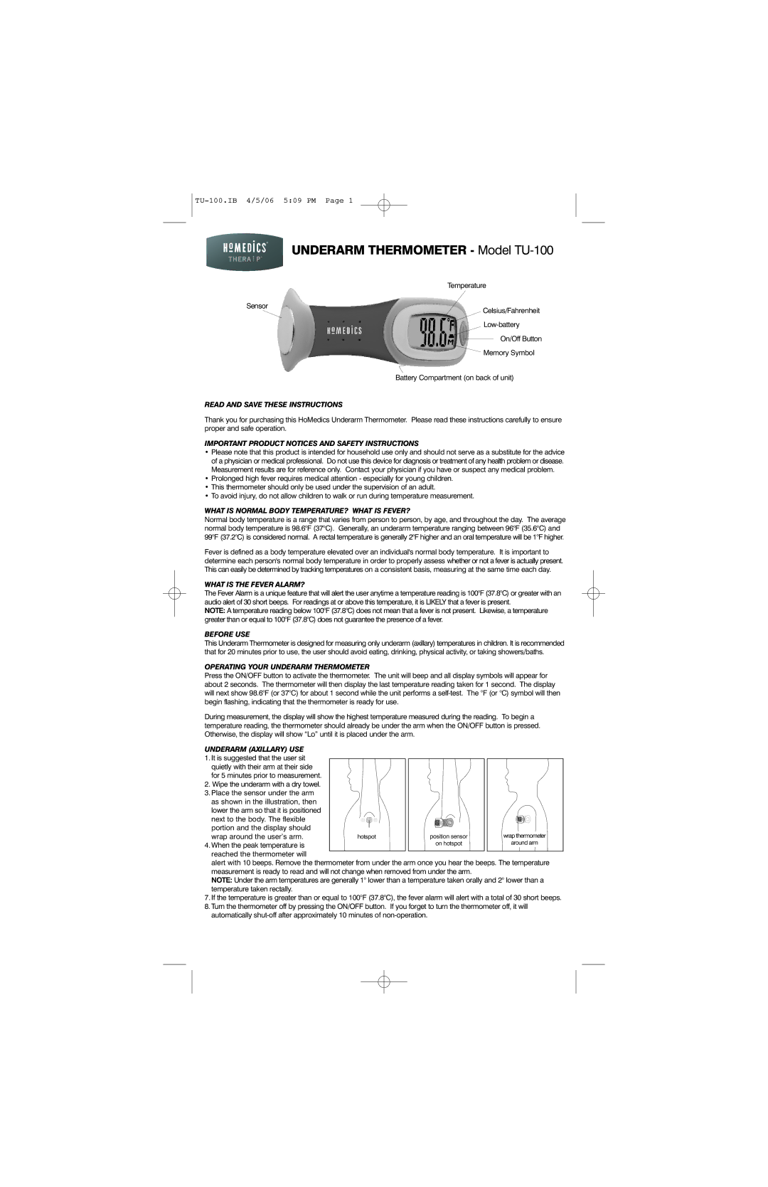 HoMedics TU-100 manual Read and Save These Instructions, Important Product Notices and Safety Instructions, Before USE 