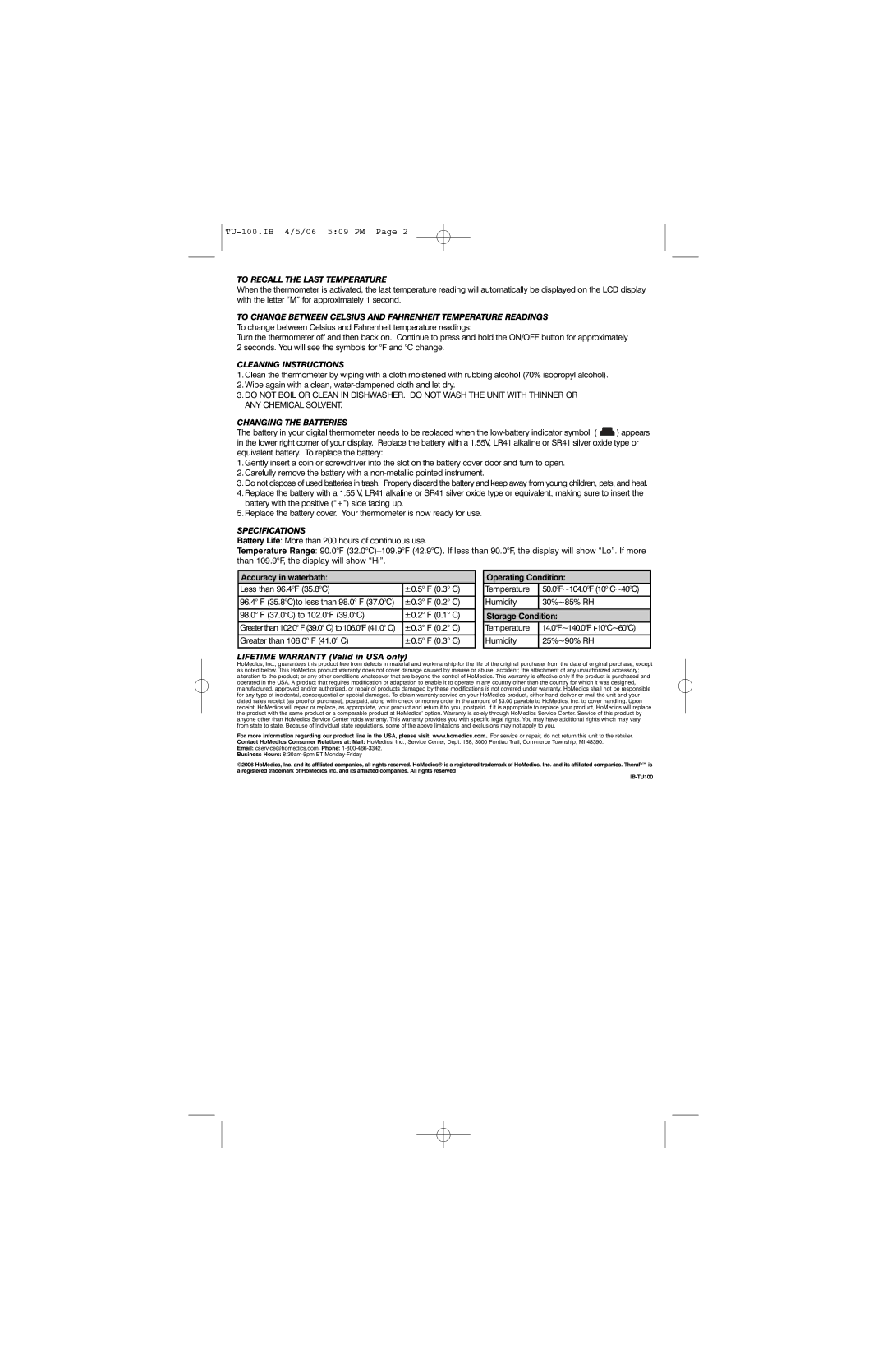 HoMedics TU-100 manual To Recall the Last Temperature, Cleaning Instructions, Changing the Batteries, Specifications 