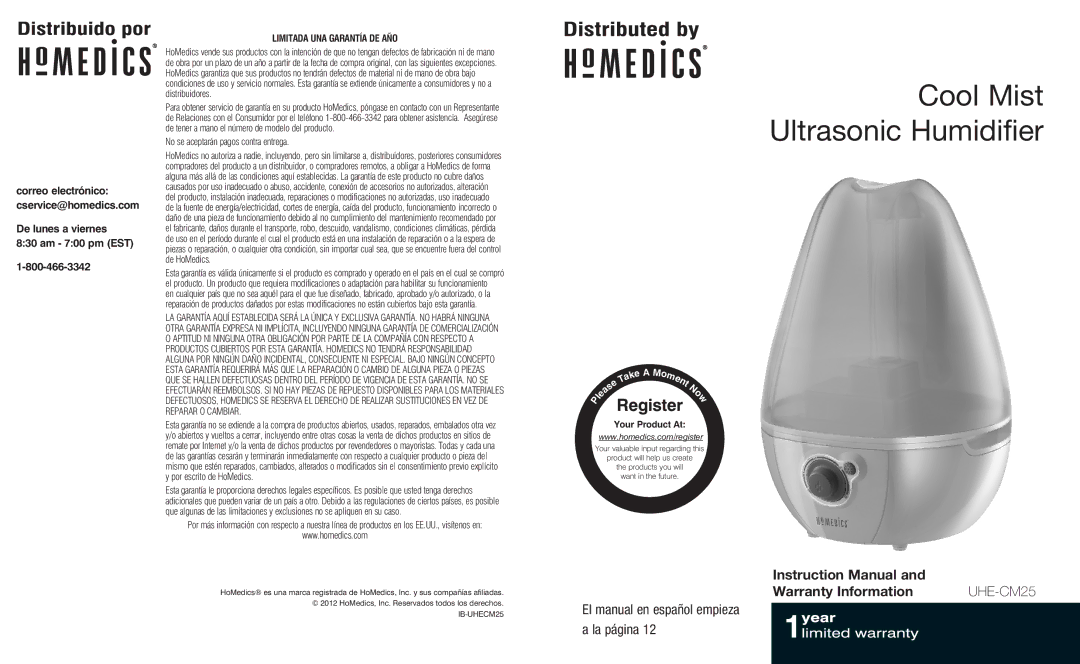 HoMedics UHE-CM25 instruction manual Warranty Information, De lunes a viernes Am 700 pm EST 