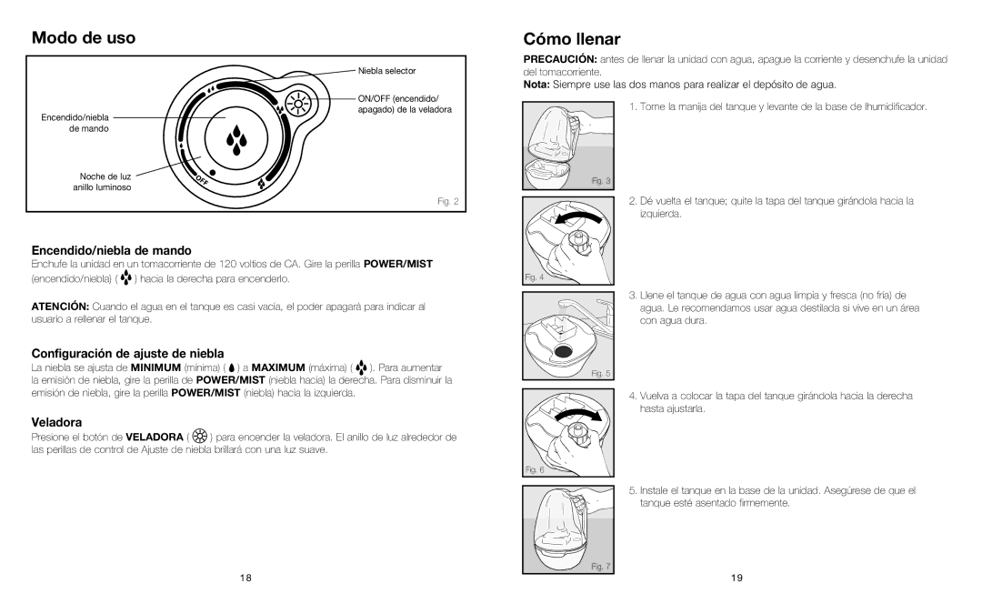 HoMedics UHE-CM25 instruction manual Cómo llenar, Encendido/niebla de mando, Configuración de ajuste de niebla, Veladora 