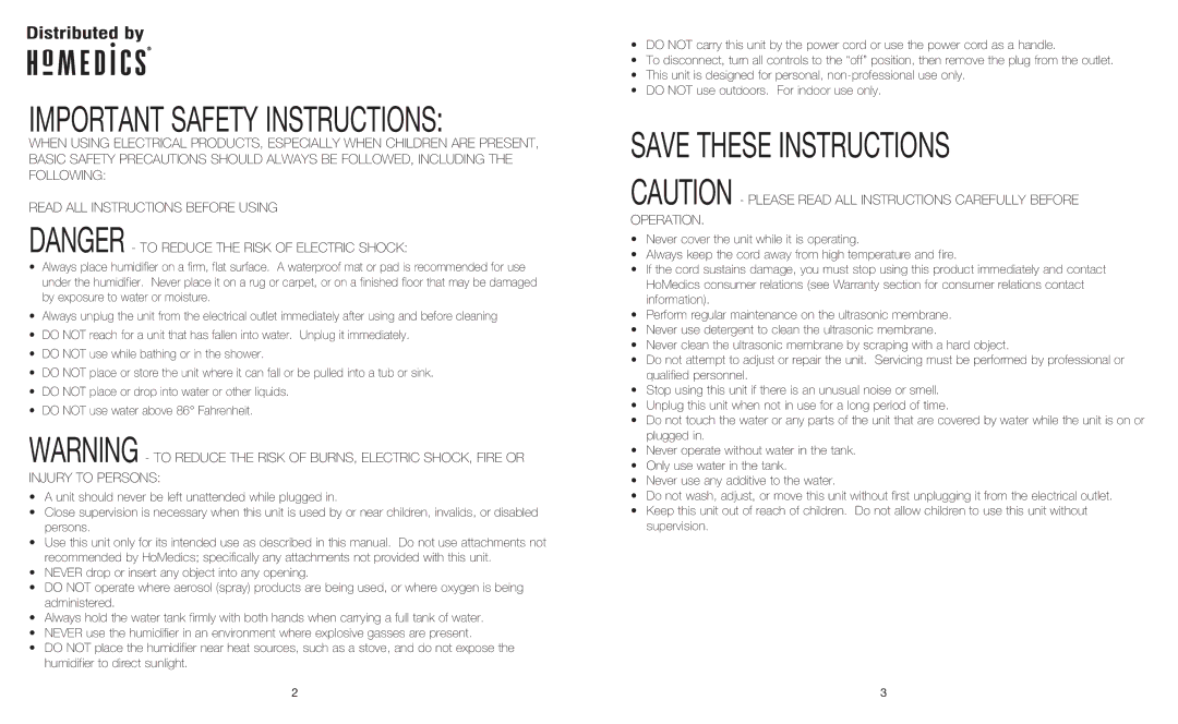 HoMedics UHE-CM25 instruction manual Important Safety Instructions 