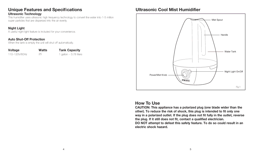 HoMedics UHE-CM25 How To Use, Ultrasonic Technology, Night Light, Auto Shut-Off Protection, Voltage Watts Tank Capacity 