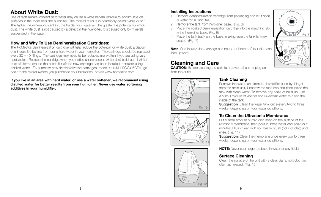 HoMedics UHE-CM25 About White Dust, Cleaning and Care, Tank Cleaning, To Clean the Ultrasonic Membrane, Surface Cleaning 